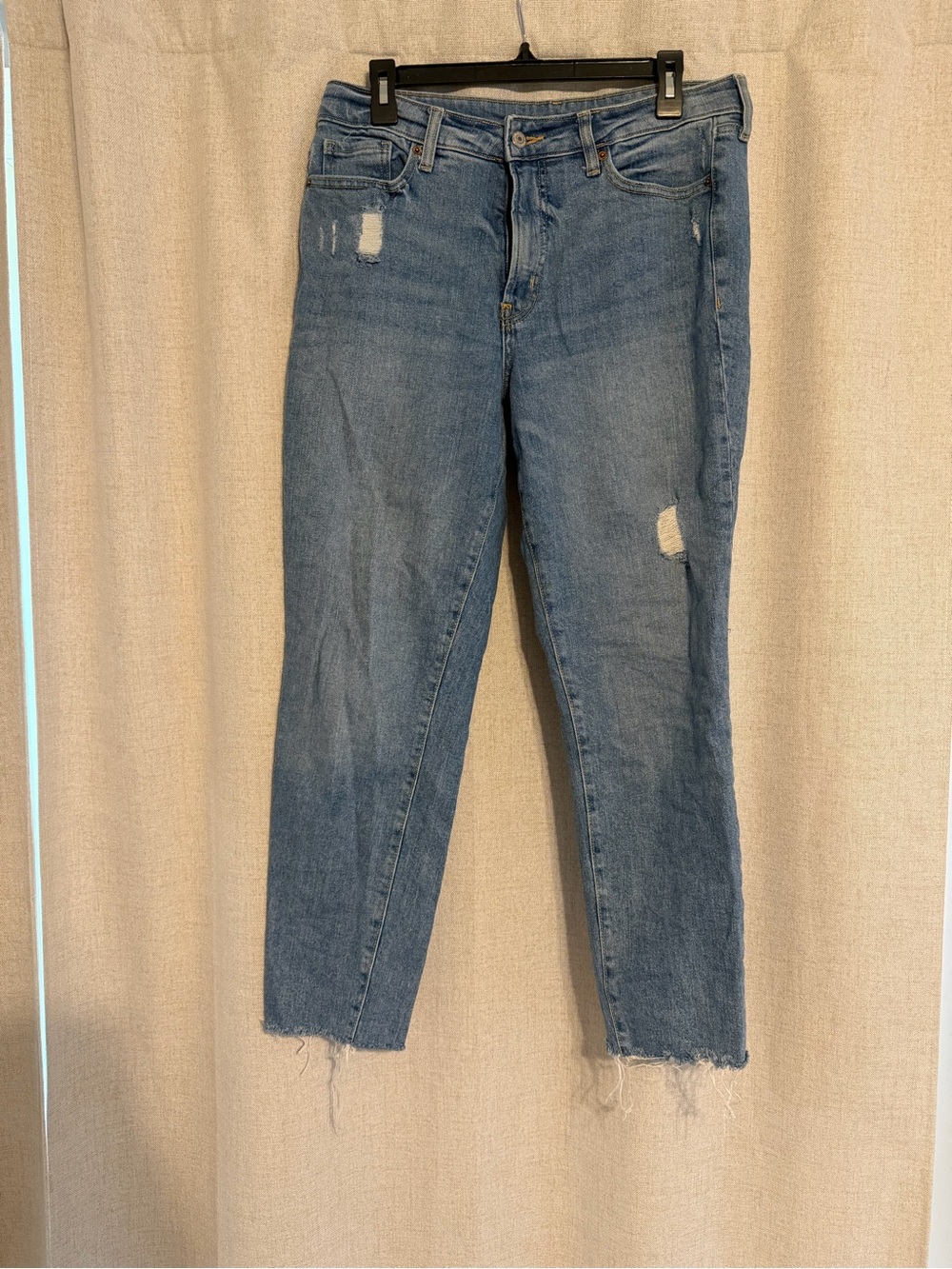 Women’s Blue Distressed Raw Hem Straight Jeans | Size 10